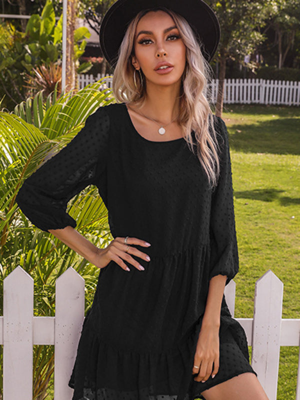 Blue Zone Planet | Solid color splicing lace loose mini dress-TOPS / DRESSES-[Adult]-[Female]-2022 Online Blue Zone Planet