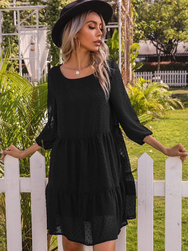 Blue Zone Planet | Solid color splicing lace loose mini dress-TOPS / DRESSES-[Adult]-[Female]-2022 Online Blue Zone Planet