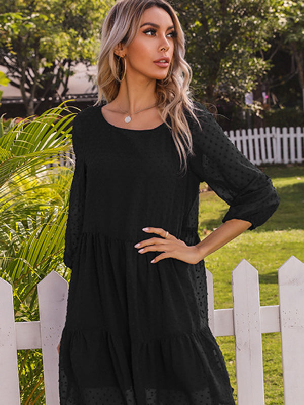 Blue Zone Planet | Solid color splicing lace loose mini dress-TOPS / DRESSES-[Adult]-[Female]-Black-S-2022 Online Blue Zone Planet