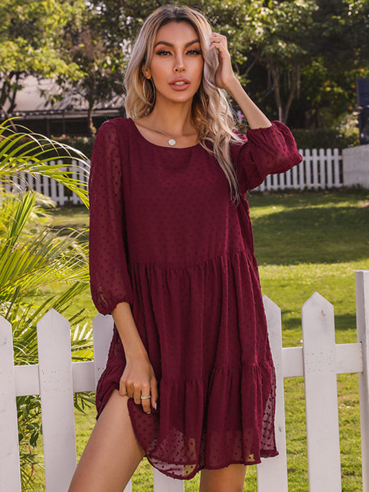 Blue Zone Planet | Solid color splicing lace loose mini dress-TOPS / DRESSES-[Adult]-[Female]-Wine Red-S-2022 Online Blue Zone Planet