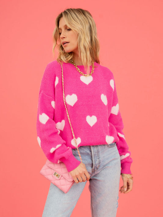 Heart Valentine's Day Round Neck Pullover Sweater-TOPS / DRESSES-[Adult]-[Female]-Rose-S-2022 Online Blue Zone Planet
