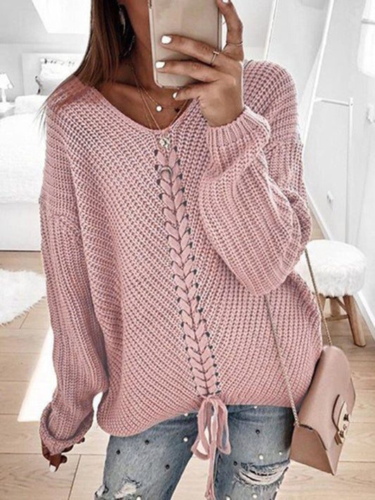 Blue Zone Planet | long sleeve loose V-neck drawstring pullover sweater kakaclo