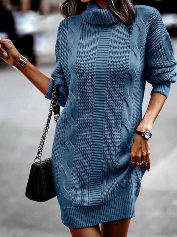 Blue Zone Planet | Women's Mid-Length Turtleneck Long Sleeve Sweater Dress-TOPS / DRESSES-[Adult]-[Female]-Blue-S-2022 Online Blue Zone Planet