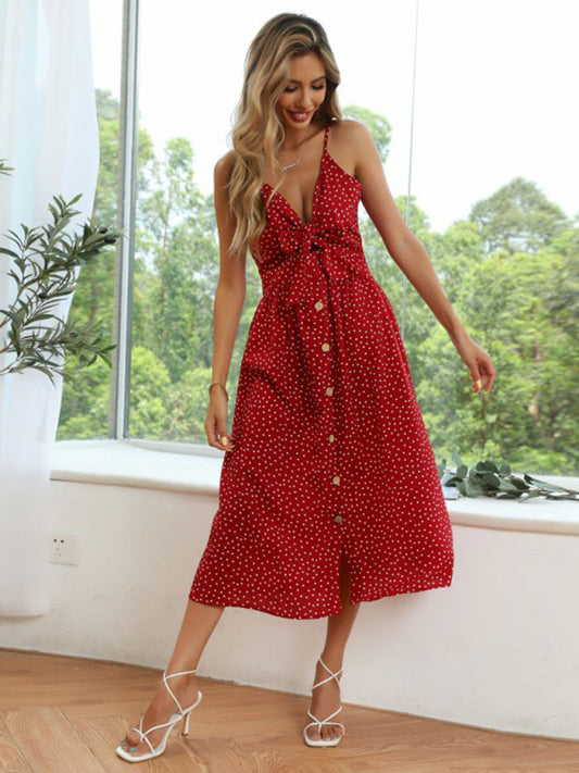 Polka-dot lace-up bow A-line Spaghetti Strap Midi dress-TOPS / DRESSES-[Adult]-[Female]-Wine Red-S-2022 Online Blue Zone Planet