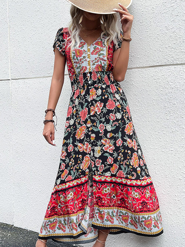 Blue Zone Planet | V-Neck boho ethnic style printed slit midi dress-TOPS / DRESSES-[Adult]-[Female]-Black-S-2022 Online Blue Zone Planet