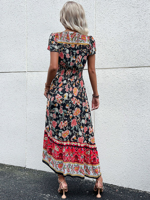 Blue Zone Planet | V-Neck boho ethnic style printed slit midi dress-TOPS / DRESSES-[Adult]-[Female]-2022 Online Blue Zone Planet
