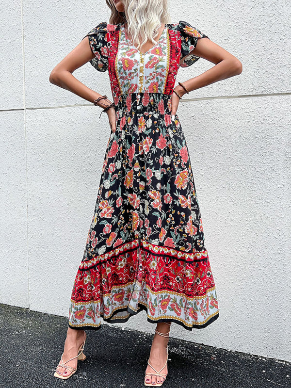 Blue Zone Planet | V-Neck boho ethnic style printed slit midi dress-TOPS / DRESSES-[Adult]-[Female]-2022 Online Blue Zone Planet