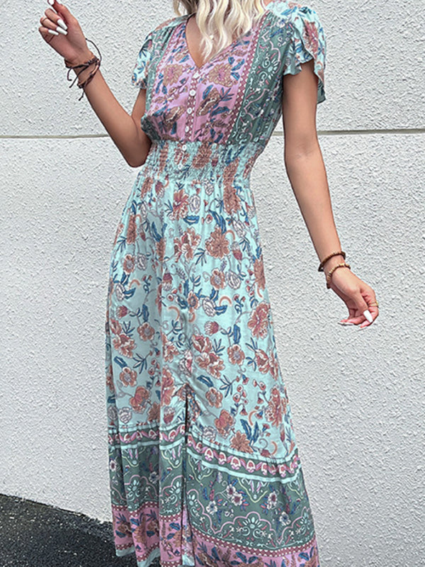 Blue Zone Planet | V-Neck boho ethnic style printed slit midi dress-TOPS / DRESSES-[Adult]-[Female]-Green-S-2022 Online Blue Zone Planet