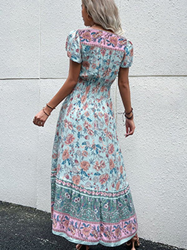 Blue Zone Planet | V-Neck boho ethnic style printed slit midi dress-TOPS / DRESSES-[Adult]-[Female]-2022 Online Blue Zone Planet