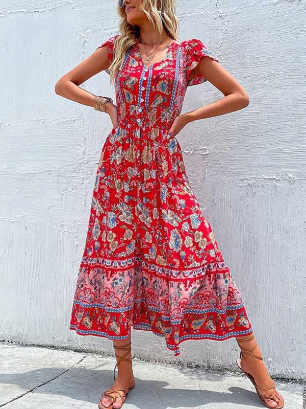 Blue Zone Planet | V-Neck boho ethnic style printed slit midi dress-TOPS / DRESSES-[Adult]-[Female]-2022 Online Blue Zone Planet