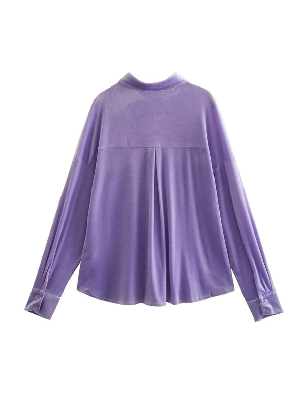 Blue Zone Planet |  Women's velvet shirt lapel single breasted top kakaclo