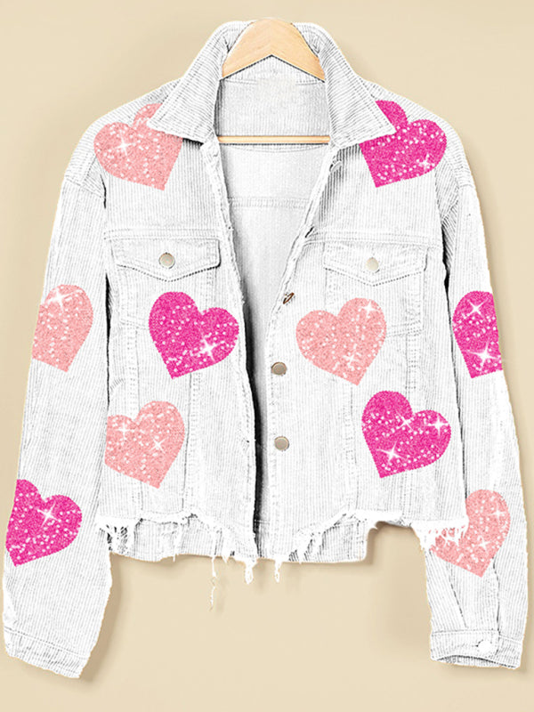Blue Zone Planet | Valentine's Day Love Sequin Raw Edge Corduroy Short Jacket-TOPS / DRESSES-[Adult]-[Female]-White-S-2022 Online Blue Zone Planet