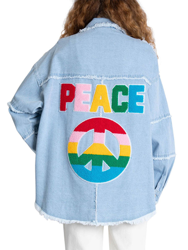 Blue Zone Planet | PEACE Raw edge denim back lettered long sleeve jacket-TOPS / DRESSES-[Adult]-[Female]-2022 Online Blue Zone Planet