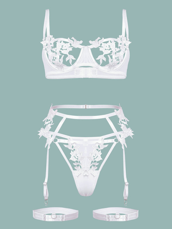 New sexy embroidered flower hollow sexy webbing underwire sexy lingerie set kakaclo