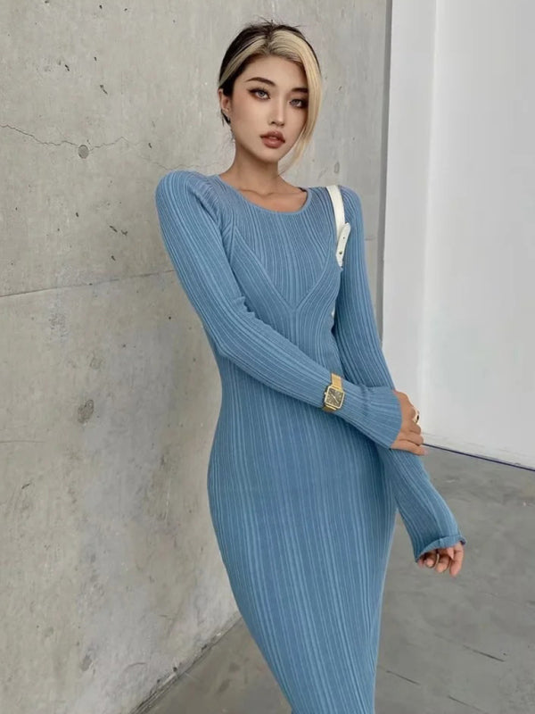Blue Zone Planet |  Women's Slim Fit Hip-covering Long Skirt Long Sleeve Knitted Dress kakaclo