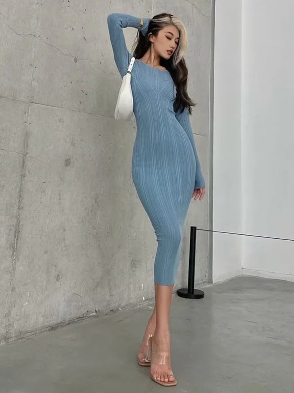 Blue Zone Planet |  Women's Slim Fit Hip-covering Long Skirt Long Sleeve Knitted Dress kakaclo