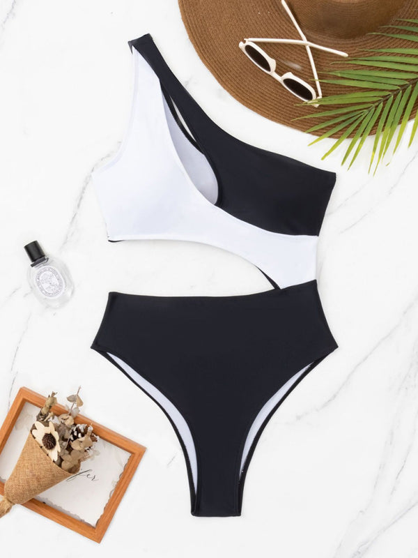 Blue Zone Planet | Black and white contrasting color hollow one shoulder swimsuit-TOPS / DRESSES-[Adult]-[Female]-Black-S-2022 Online Blue Zone Planet
