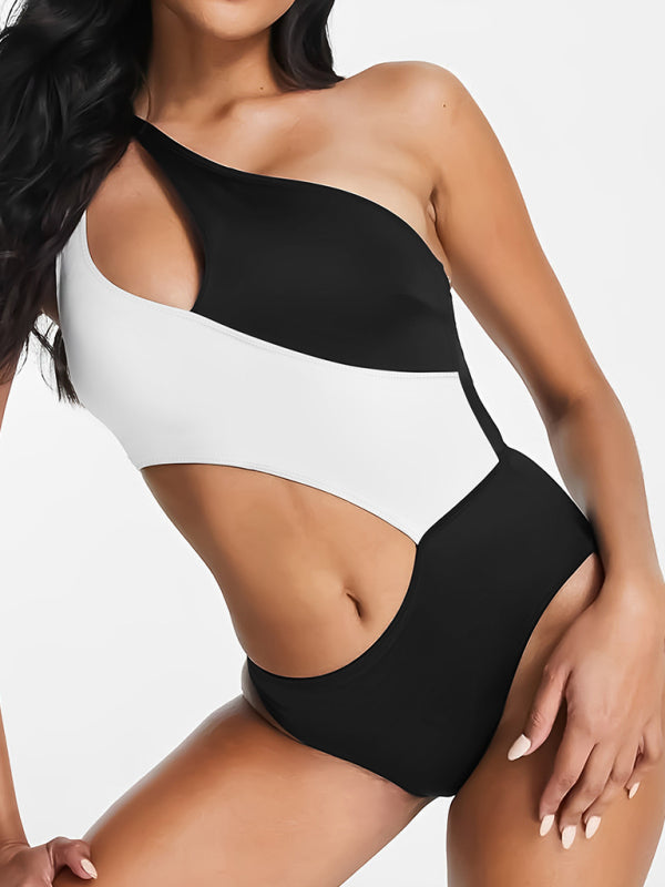 Blue Zone Planet | Black and white contrasting color hollow one shoulder swimsuit-TOPS / DRESSES-[Adult]-[Female]-2022 Online Blue Zone Planet