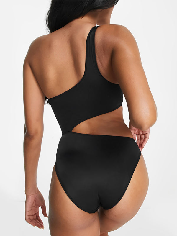 Blue Zone Planet | Black and white contrasting color hollow one shoulder swimsuit-TOPS / DRESSES-[Adult]-[Female]-2022 Online Blue Zone Planet