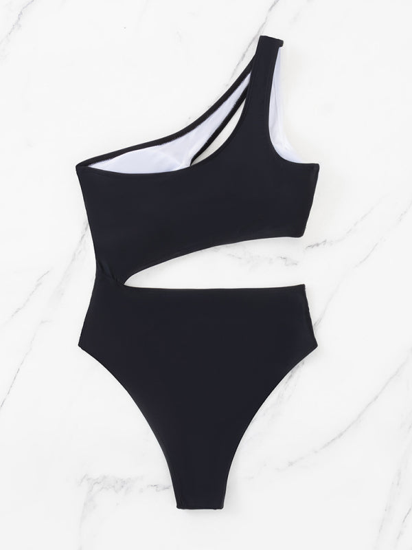 Blue Zone Planet | Black and white contrasting color hollow one shoulder swimsuit-TOPS / DRESSES-[Adult]-[Female]-2022 Online Blue Zone Planet