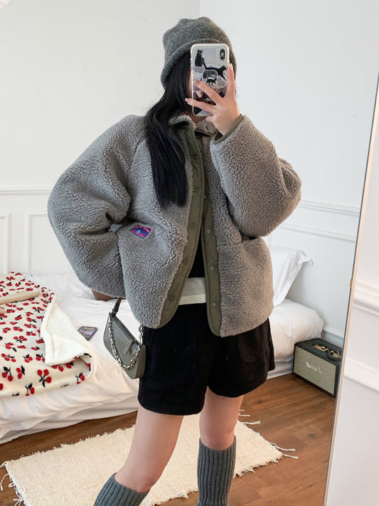 Women's New Loose Contrast Color Reversible Polar Fleece Stand Collar Jacket kakaclo