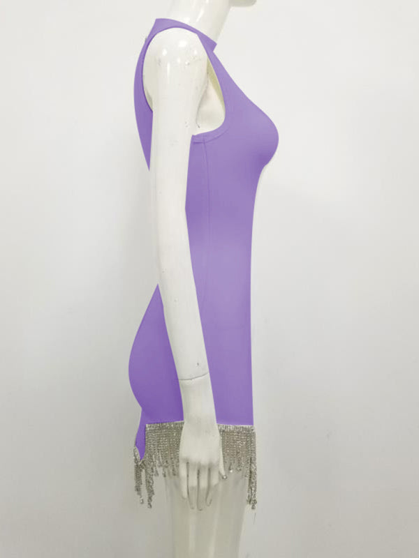 Blue Zone Planet | Women's new fashion sexy round neck sleeveless irregular tassel rhinestone tight hip bandage dress-TOPS / DRESSES-[Adult]-[Female]-2022 Online Blue Zone Planet