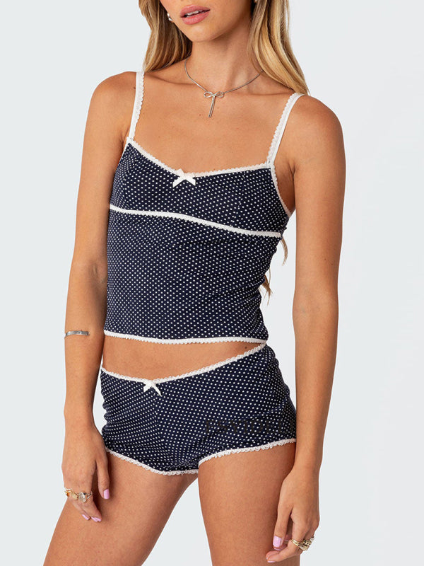 Blue Zone Planet | polka dot print halter top lace splicing shorts two-piece set BLUE ZONE PLANET