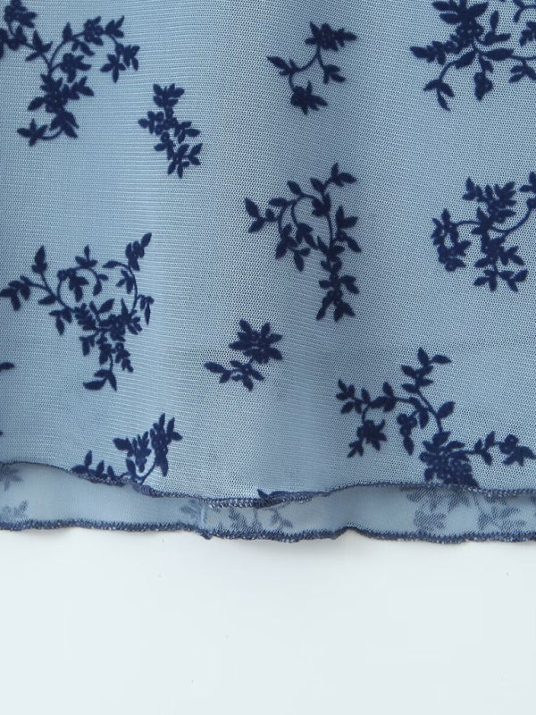 Women's new mesh printed V-neck sexy dress-[Adult]-[Female]-Sky blue azure-S-2022 Online Blue Zone Planet