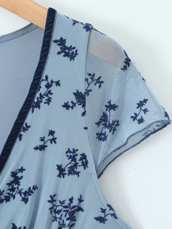 Women's new mesh printed V-neck sexy dress-[Adult]-[Female]-2022 Online Blue Zone Planet