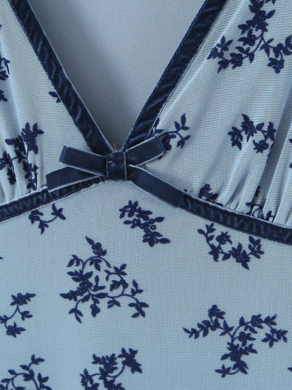 Women's new mesh printed V-neck sexy dress-[Adult]-[Female]-2022 Online Blue Zone Planet