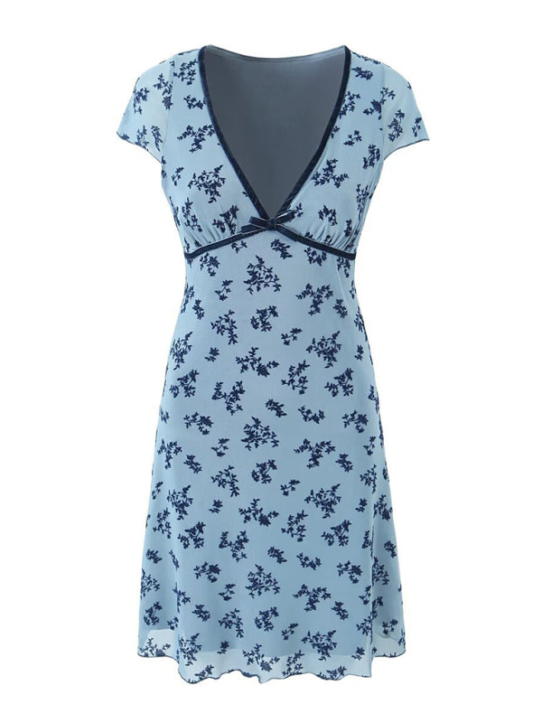 Women's new mesh printed V-neck sexy dress-[Adult]-[Female]-2022 Online Blue Zone Planet