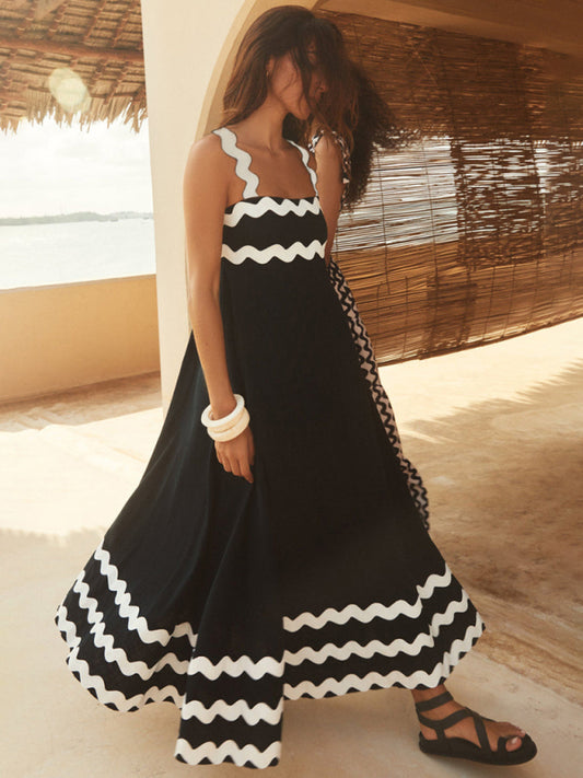 Women's strappy printed wavy edge long dress-[Adult]-[Female]-Black-S-2022 Online Blue Zone Planet
