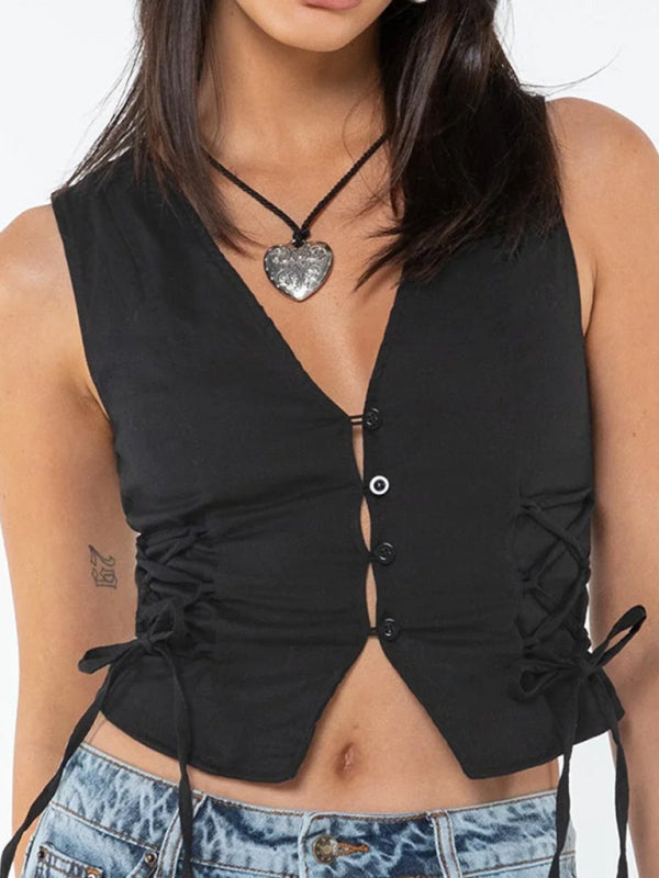 Women's buttoned lace-up casual suit vest-[Adult]-[Female]-Black-S-2022 Online Blue Zone Planet