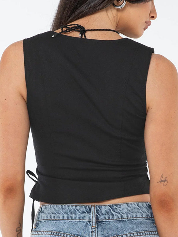 Women's buttoned lace-up casual suit vest-[Adult]-[Female]-2022 Online Blue Zone Planet