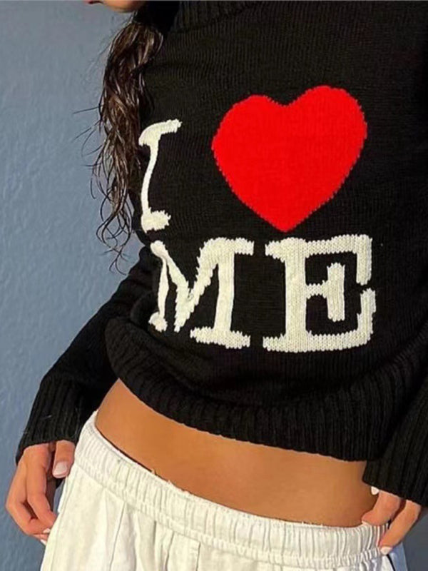 Women's love letter embroidered round neck pullover knitted sweater-[Adult]-[Female]-2022 Online Blue Zone Planet