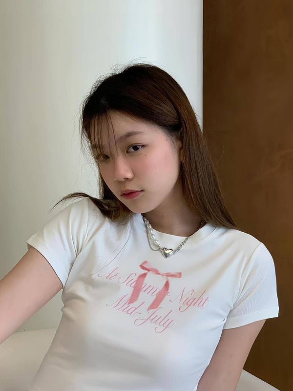 Valentine's Bow Print Short Sleeve Slim Streetwear T-Shirt kakaclo