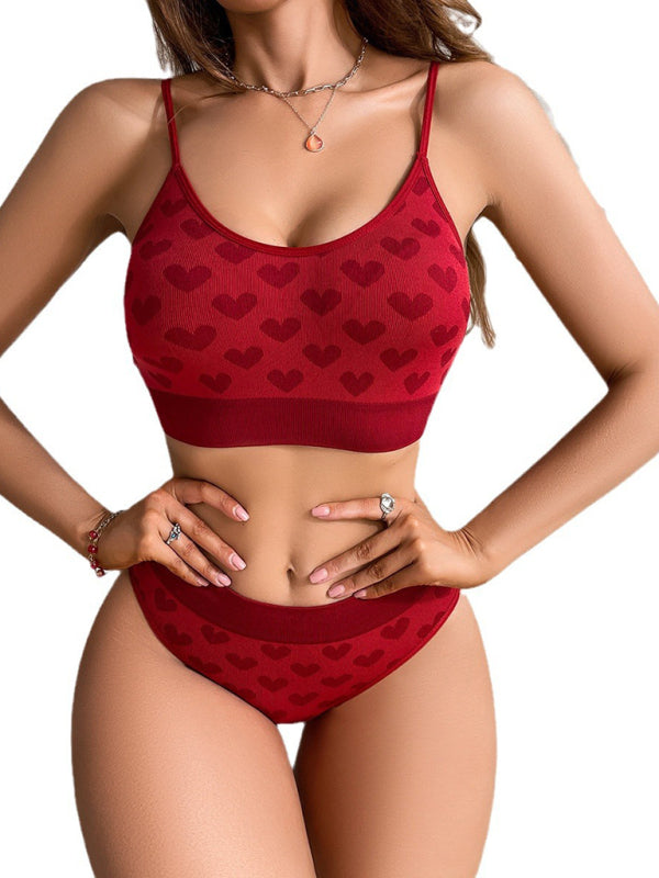 Women's New Valentine's Day Red Love Breathable Thin Strap Adjustable Seamless Underwear Set kakaclo