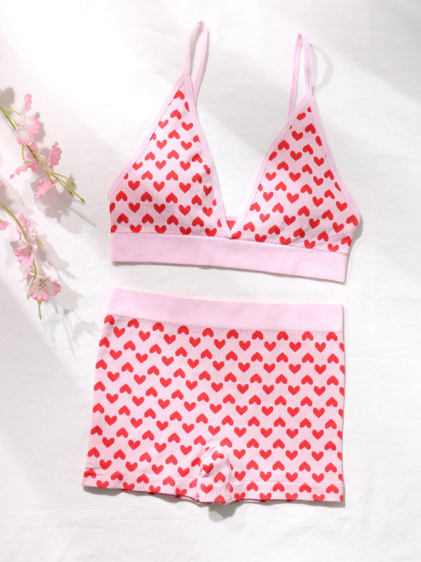 Women's New Valentine's Day Red Love Underwear Wireless Bra and Boxer Briefs Set kakaclo
