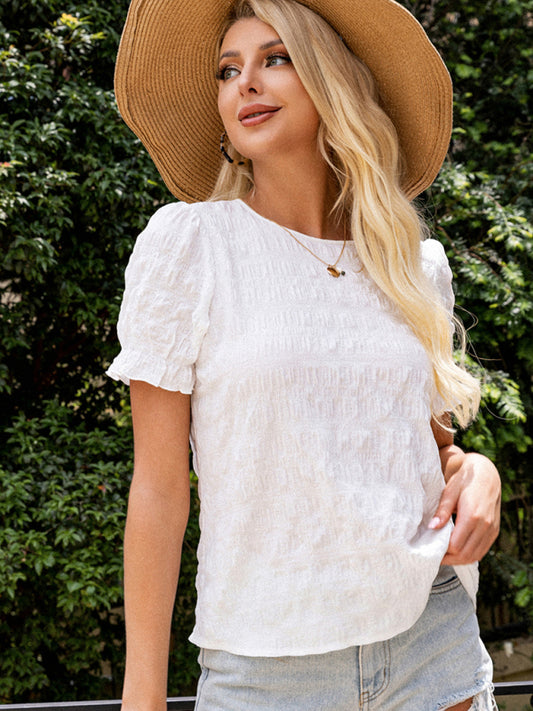Fashion Resort Style Solid Color Round Neck Ruffle Sleeve Top kakaclo