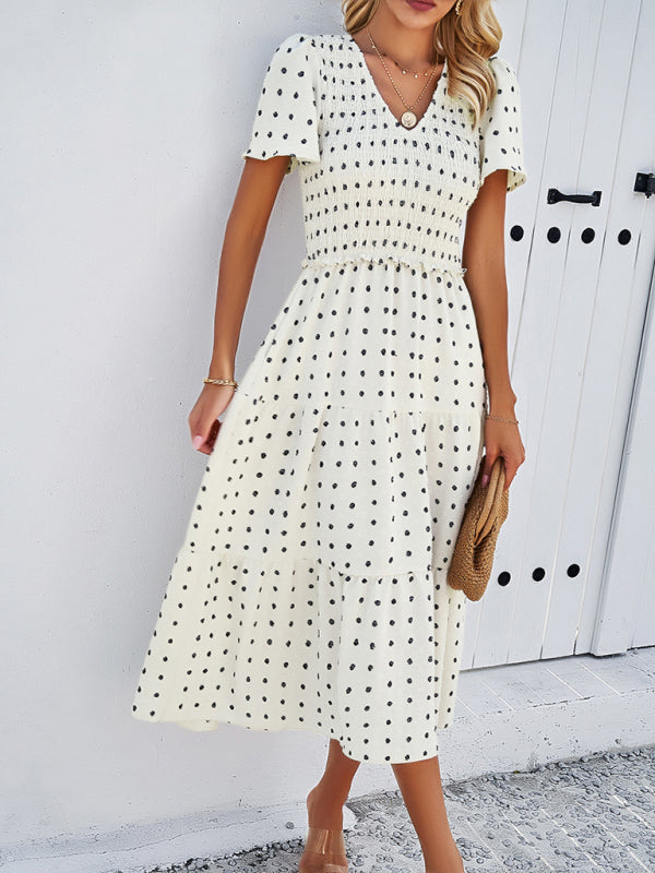 Blue Zone Planet | Solid color V-neck polka dot short-sleeved midi dress kakaclo