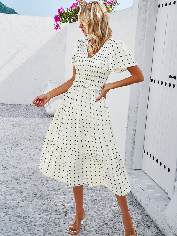 Blue Zone Planet | Solid color V-neck polka dot short-sleeved midi Blue Zone Planet | Solid color V-neck polka dot short-sleeved midi