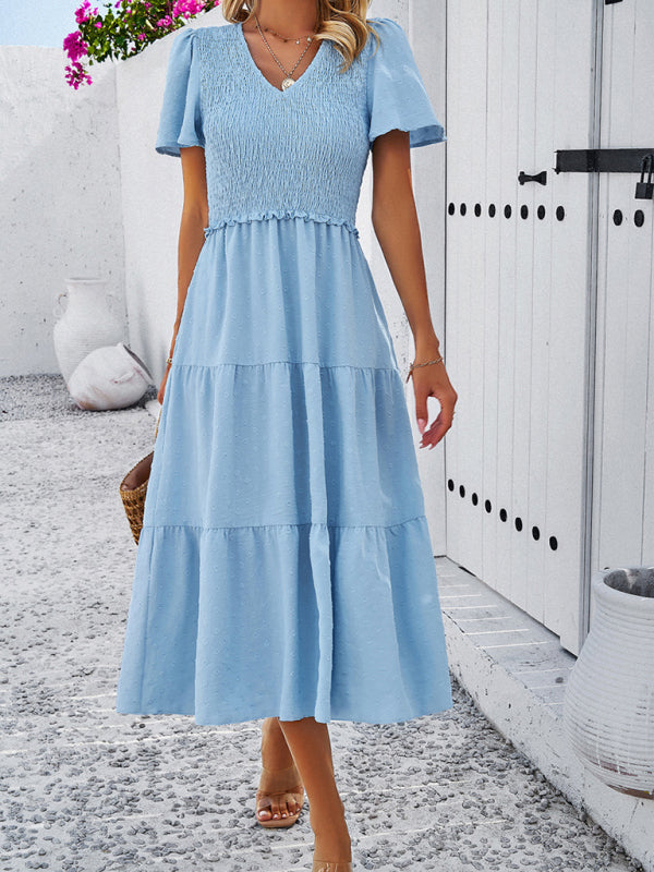 Blue Zone Planet | Solid color V-neck polka dot short-sleeved midi dress kakaclo