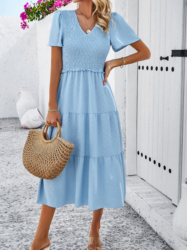 Blue Zone Planet | Solid color V-neck polka dot short-sleeved midi dress kakaclo