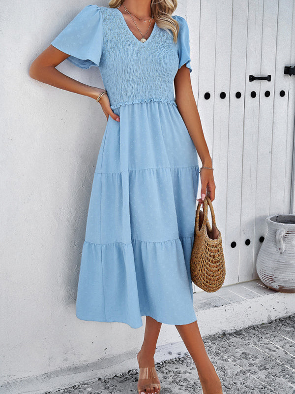 Blue Zone Planet | Solid color V-neck polka dot short-sleeved midi dress kakaclo