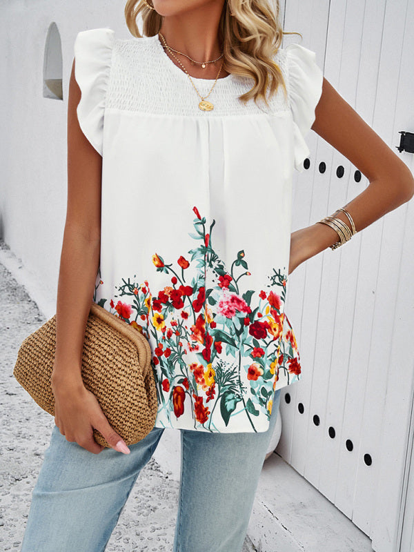 Blue Zone Planet |  Lila's Printed Round Neck Ruffle Top BLUE ZONE PLANET