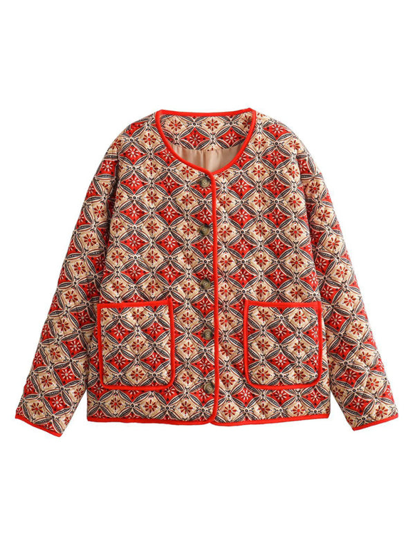 clothing pockets quilted rhombus print warm cotton jacket kakaclo