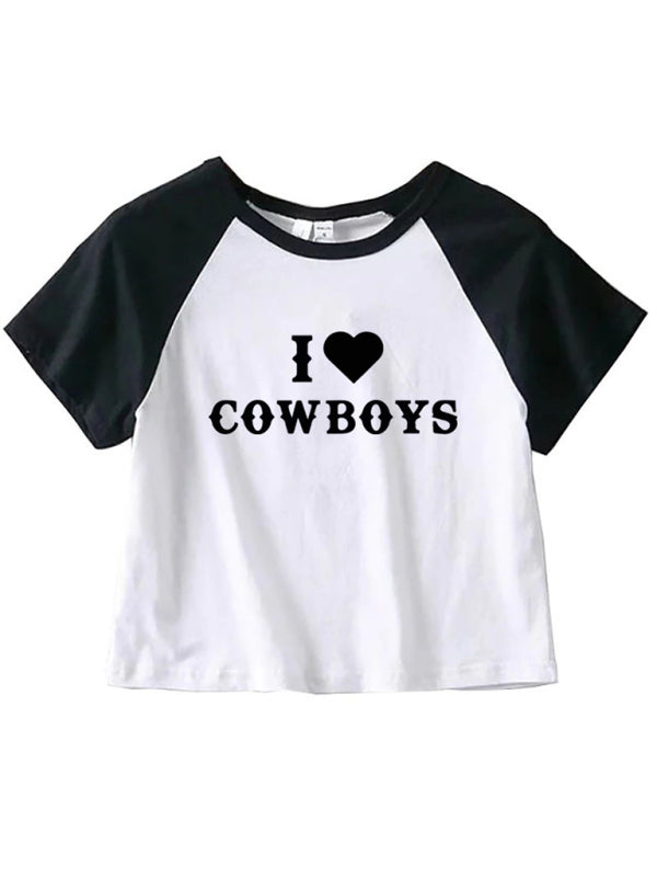 Blue Zone Planet |  Women's New Casual I Love Cowboys Versatile Letter Printed Short Top BLUE ZONE PLANET