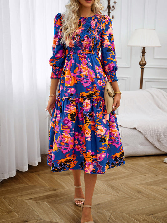 Blue Zone Planet |  Women's Elegant Commuting Round Neck Printed Dress BLUE ZONE PLANET