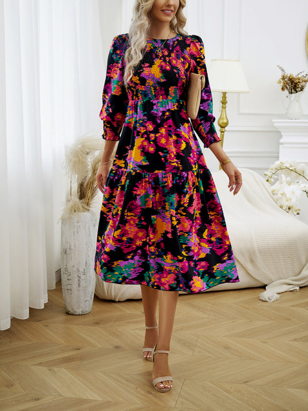 Blue Zone Planet |  Women's Elegant Commuting Round Neck Printed Dress BLUE ZONE PLANET