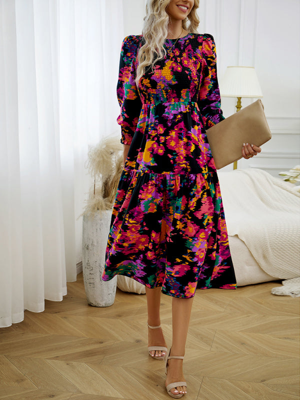 Blue Zone Planet |  Women's Elegant Commuting Round Neck Printed Dress BLUE ZONE PLANET